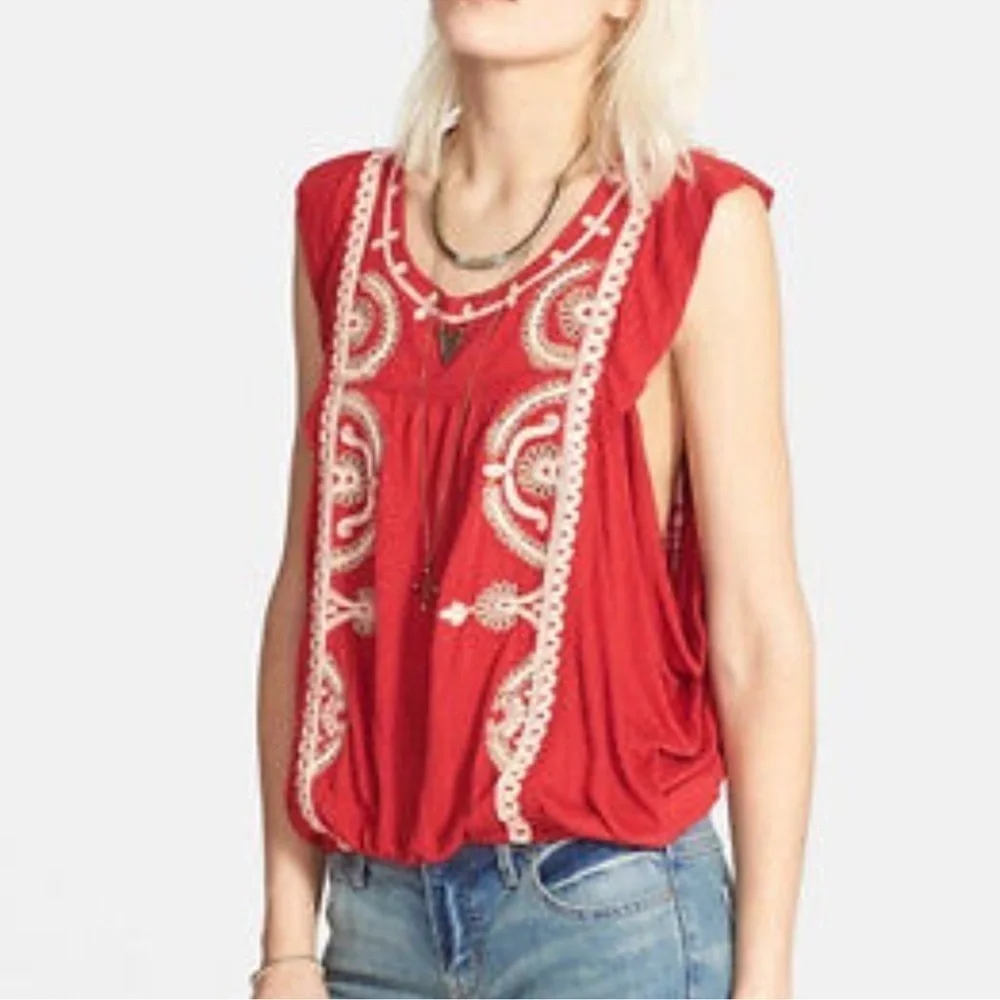 Free People Dos Segundos Red Embroidered Boho Top Size XS